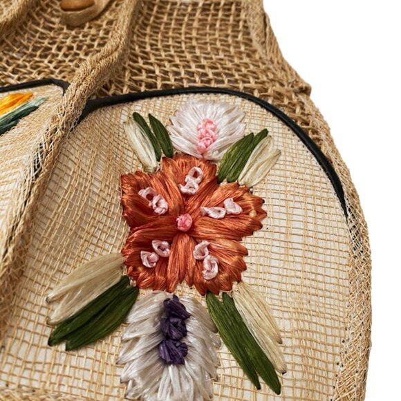 Vintage 50s Artisan Wicker Woven Straw Raphia Shoulder Bag Embroidered Flowers - Picture 5 of 15